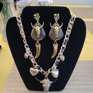 Gold and Brown Bull Pendant Necklace and Earring Set